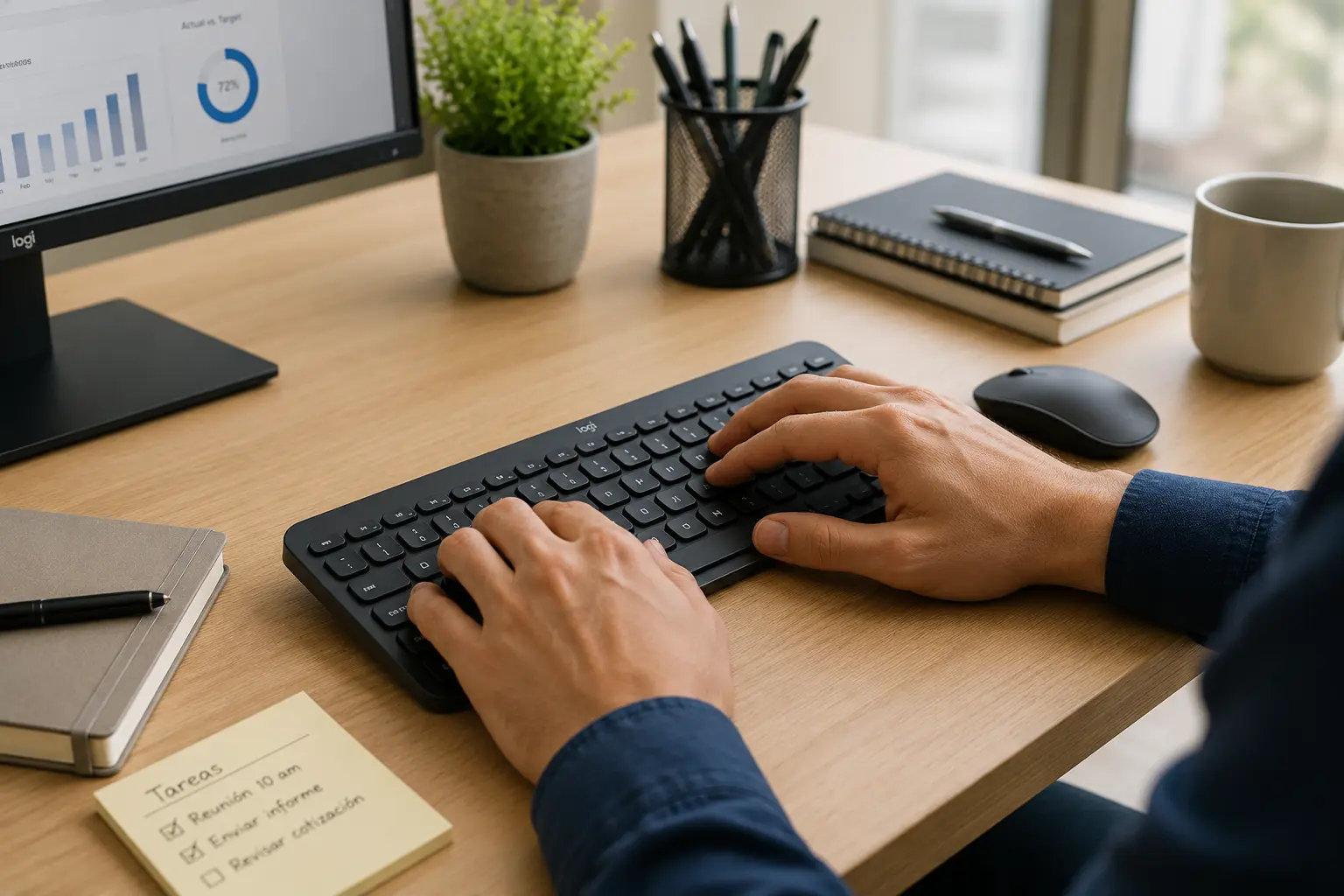 Persona escribiendo en un teclado inalámbrico en la oficina