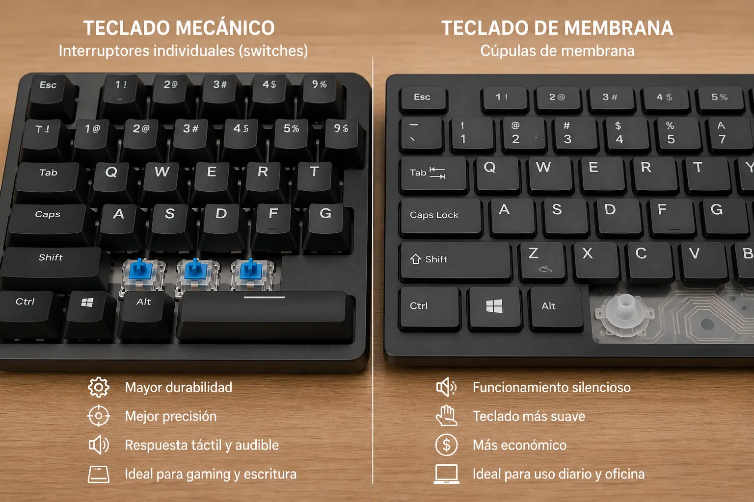 Comparación visual entre teclado mecánico y teclado de membrana
